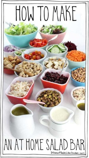 A DIY salad bar at a wedding reception with a variety of fresh greens, toppings like cherry tomatoes, cucumbers, and dressings for guests to customize their salads.