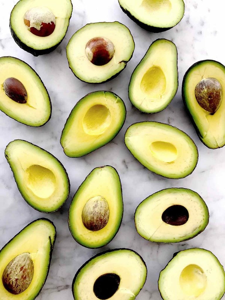 Halved avocados, seen from above